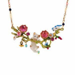 Les Nereides Little Cat Hung To A Branch With Pink Stone And Birds Necklace
